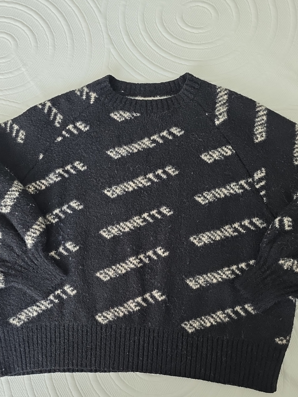 Brunette The Label Black Crewneck Sweater with Cream Logo Pattern